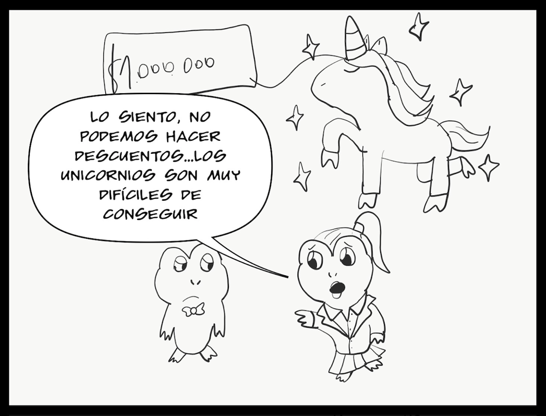Viñeta del libro: la vendedora defiende su precio